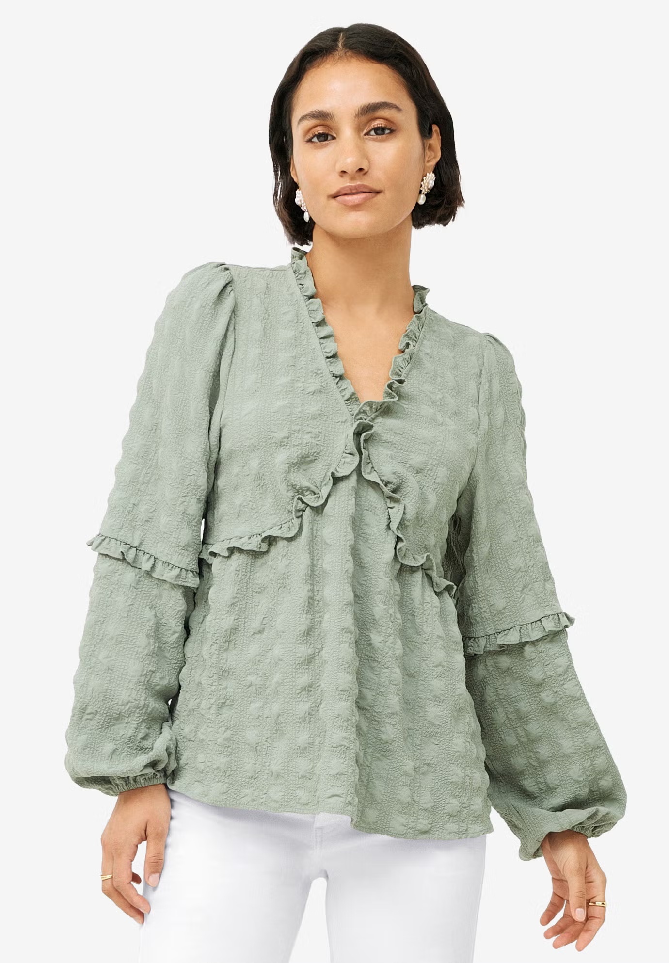 Ruffle Trim V-Neck Babydoll Blouse