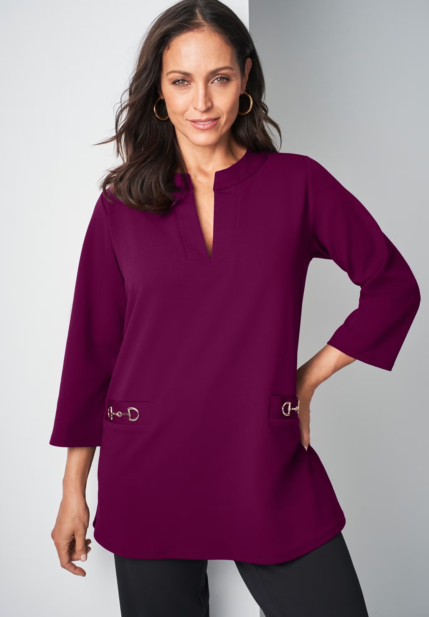 Gold Detail Split Neck Stretch Knit Tunic