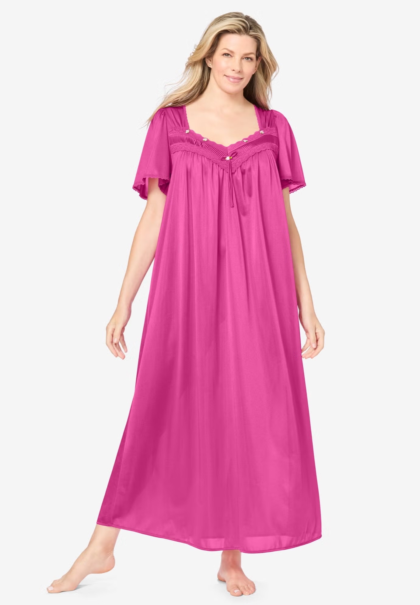 Long Silky Lace-Trim Gown