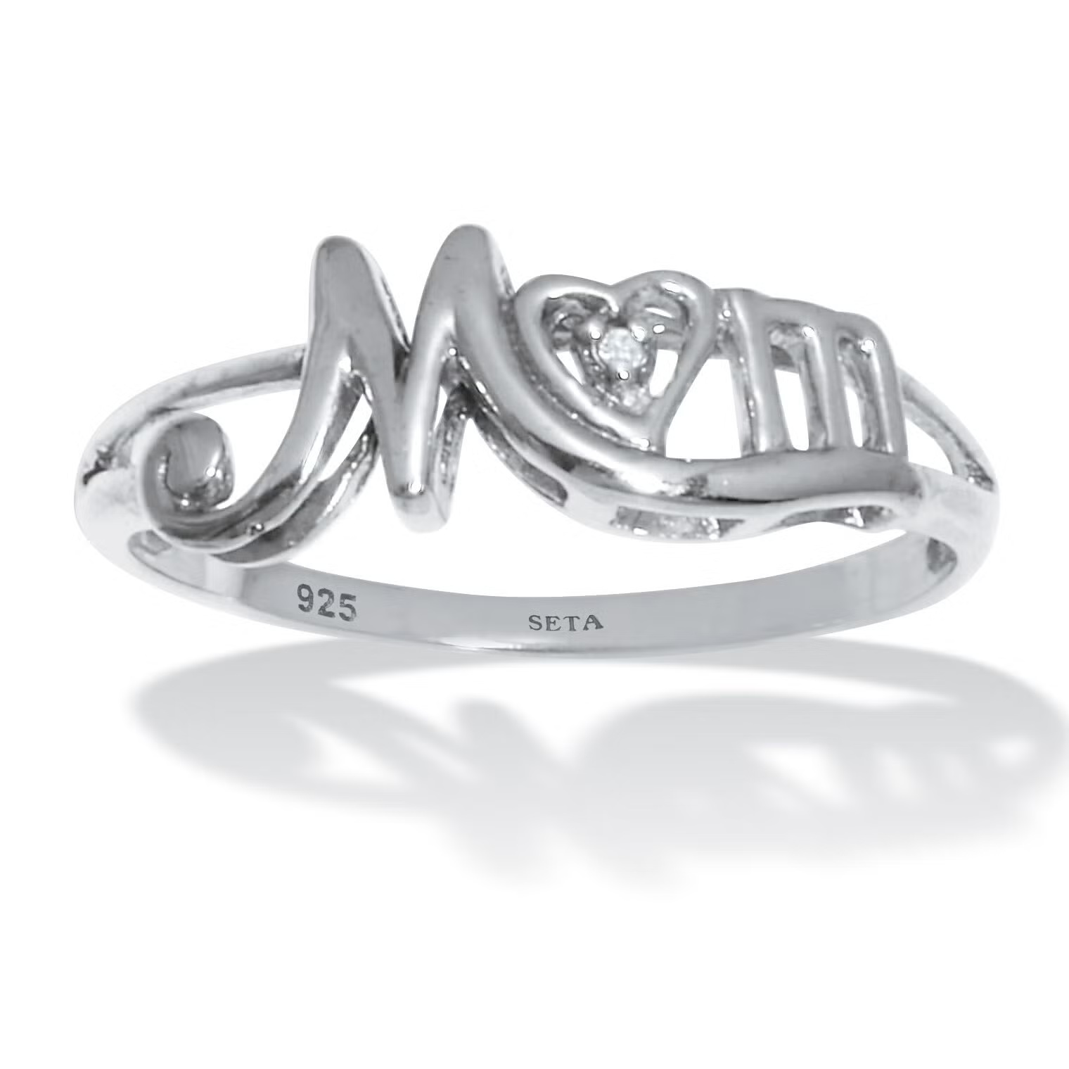 Round Diamond"Mom" Heart Sterling Silver Ring