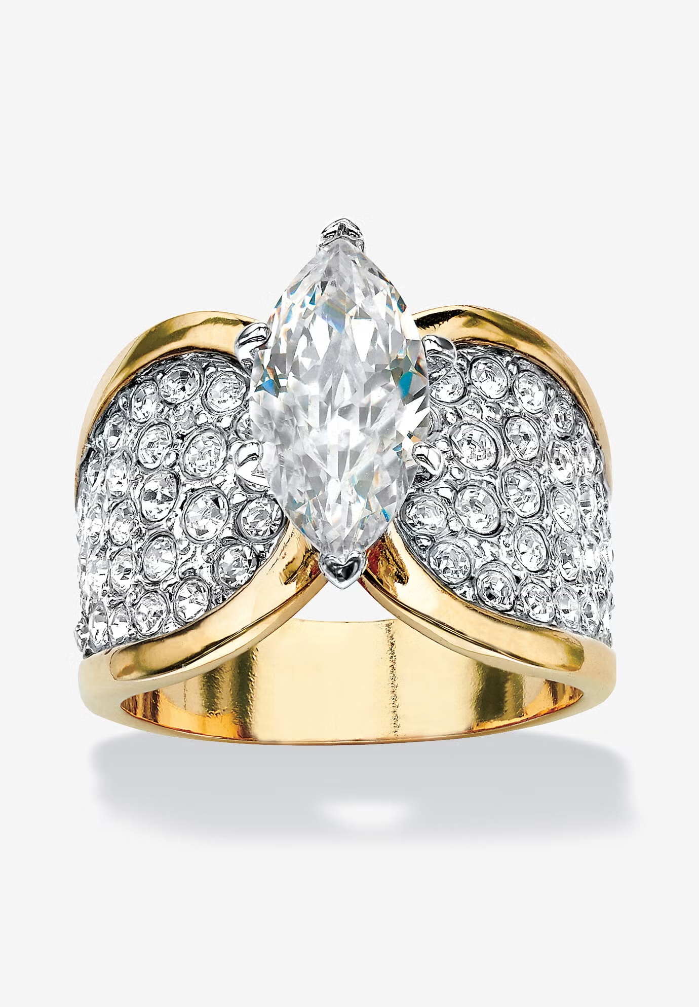 Yellow Gold Plated Cubic Zirconia and Round Crystals Cocktail Ring