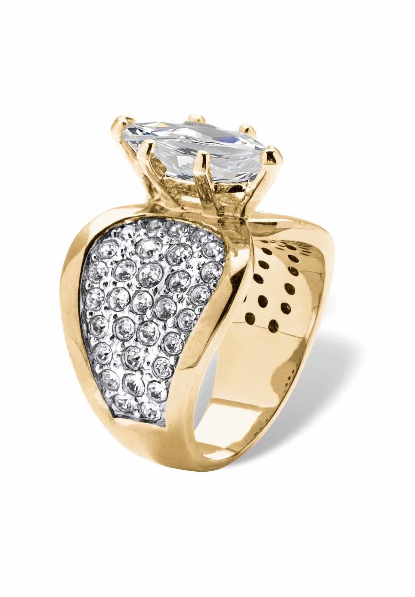 Yellow Gold Plated Cubic Zirconia and Round Crystals Cocktail Ring 3 Yellow Gold Plated Cubic Zirconia and Round Crystals Cocktail Ring